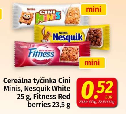 Cereálna tyčinka Cini Minis, Nesquik White 25 g, Fitness Red berries 23,5 g