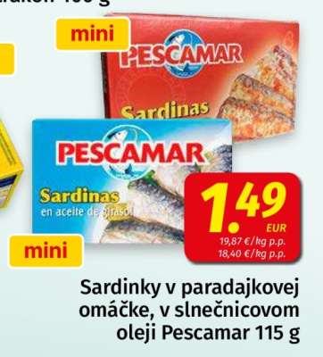 Sardinky v paradajkovej omáčke, v slnečnicovom oleji Pescamar 115 g