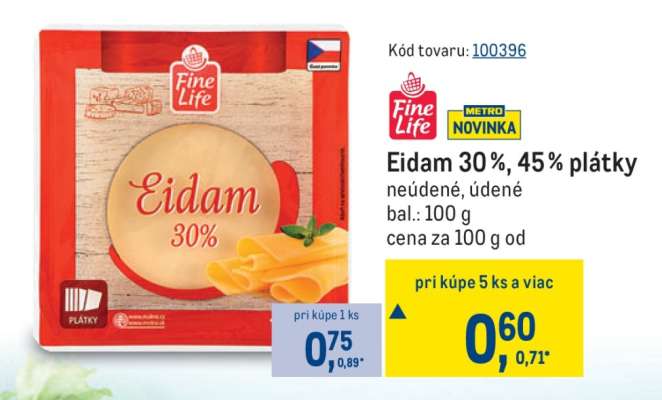 Eidam 30 %, 45 % plátky