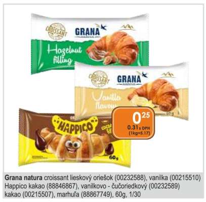 Grana natura croissant lieskový oriešok (00232588), vanilka (00215510) Happico kakao (88846867), vanilkovo - čučoriedkový (00232589) kakao (00215507), marhuľa (88867749), 60g, 1/30