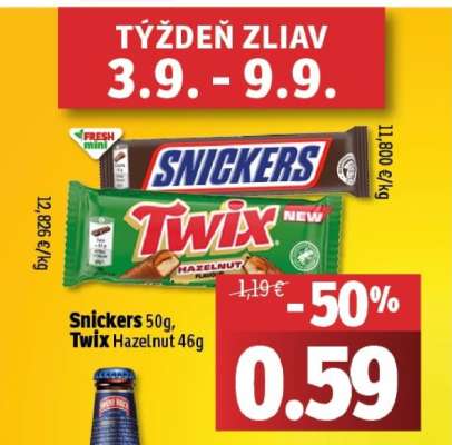 Snickers 50g, Twix Hazelnut 46g