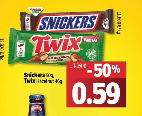 Snickers 50g, Twix Hazelnut 46g