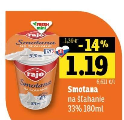 Rajo Smotana na šľahanie 33% 180ml