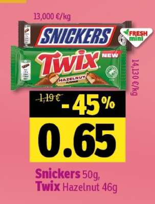 Snickers 50g, Twix Hazelnut 46g
