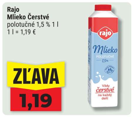 Rajo Mlieko Čerstvé polotučné 1,5% 1 l