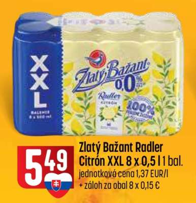 Zlatý Bažant Radler Citrón XXL 8 x 0,5 l