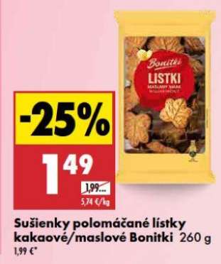 Sušienky polomáčané listky kakaové/maslové Bonitki 260 g