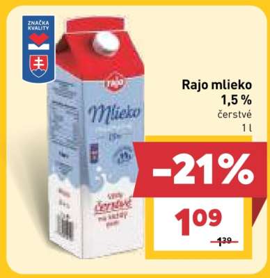 Rajo mlieko 1,5 % čerstvé 1 l
