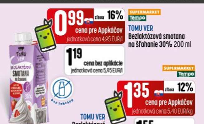 TOMU VER Bezlaktózová smotana na šľahanie 30% 200 ml