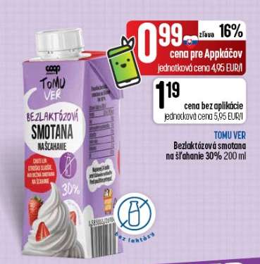 TOMU VER Bezlaktózová smotana na šľahanie 30% 200 ml