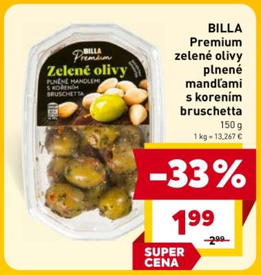 BILLA Premium zelené olivy plnené mandľami s korením bruschetta