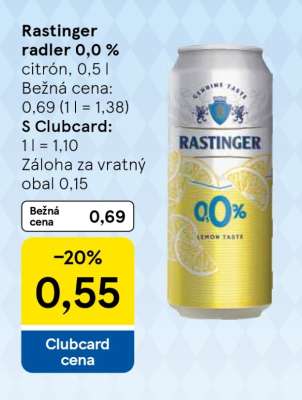 Rastinger radler 0,0 % citrón, 0,5 l