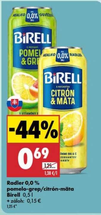 Radler 0,0 % pomelo-grep/citrón-mäta Birell 0,5 l