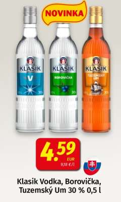 Klasik Vodka, Borovička, Tuzemský Um 30 % 0,5 l