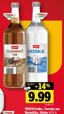 FRESH Vodka, Tuzemský um, Borovička, Slivka 40% 1l