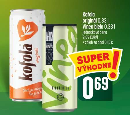 Kofola originál 0,33 l, Vinea biela 0,33 l