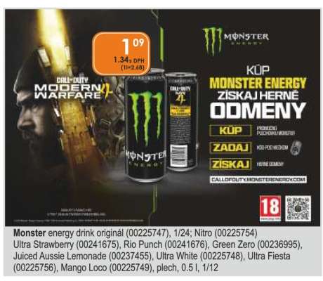 Monster energy drink originál (00225747), 1/24; Nitro (00225754) Ultra Strawberry (00241675), Rio Punch (00241676), Green Zero (00236995), Juiced Aussie Lemonade (00237455), Ultra White (00225748), Ultra Fiesta (00225756), Mango Loco (00225749), plech, 0.5 l, 1/12