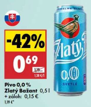 Pivo 0,0% Zlatý Bažant 0,5 l