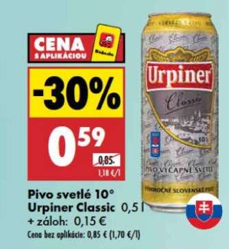 Pivo svetlé 10° Urpiner Classic 0,5 l