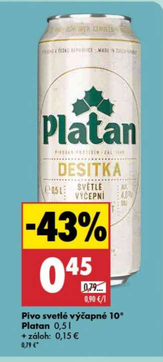 Pivo svetlé výčapné 10° Platan 0,5 l