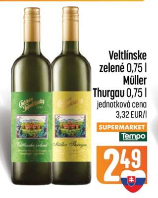 Veltlínske zelené 0,75 l / Müller Thurgau 0,75 l