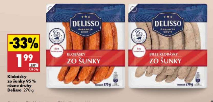Klobásky zo šunky 95 %, rôzne druhy Delisso 270 g