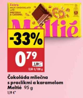 Čokoláda mliečna s praclíkmi a karamelom Meltié 95 g