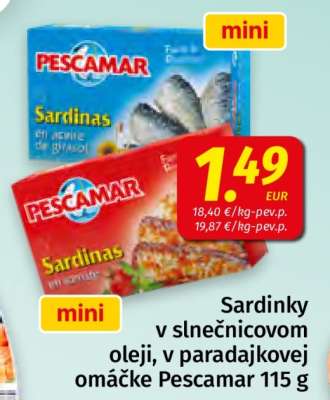 Sardinky v slnečnicovom oleji, v paradajkovej omáčke Pescamar 115 g