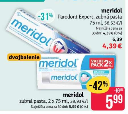 meridol zubná pasta, 2 x 75 ml, 39,93 €/l