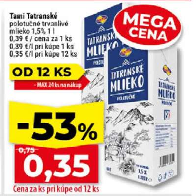 Tami Tatranské polotučné trvanlivé mlieko 1,5% 1 l