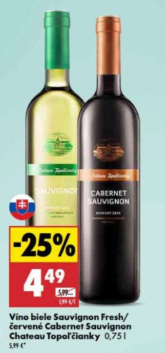 Víno biele Sauvignon Fresh/červené Cabernet Sauvignon Chateau Topoľčianky 0,75 l