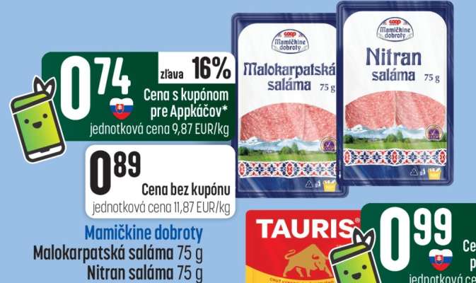 Mamičkine dobroty Malokarpatská saláma 75 g, Nitran saláma 75 g