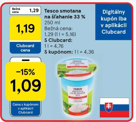 Tesco smotana na šľahanie 33 %