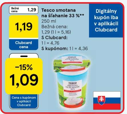 Tesco smotana na šľahanie 33 %