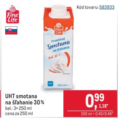 UHT smotana na šľahanie 30 %