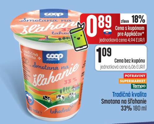 Tradičná kvalita Smotana na šľahanie 33% 180 ml